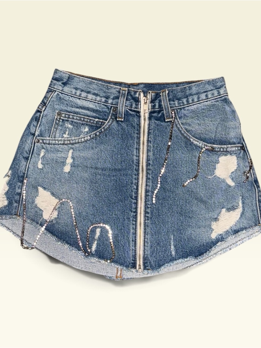 Carmar Distressed Beatrice denim Mini Skirt with Front Zip and rhinestone chains